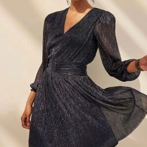 WHBM Shimmer Dress Navy Knee Length Long Sleeve